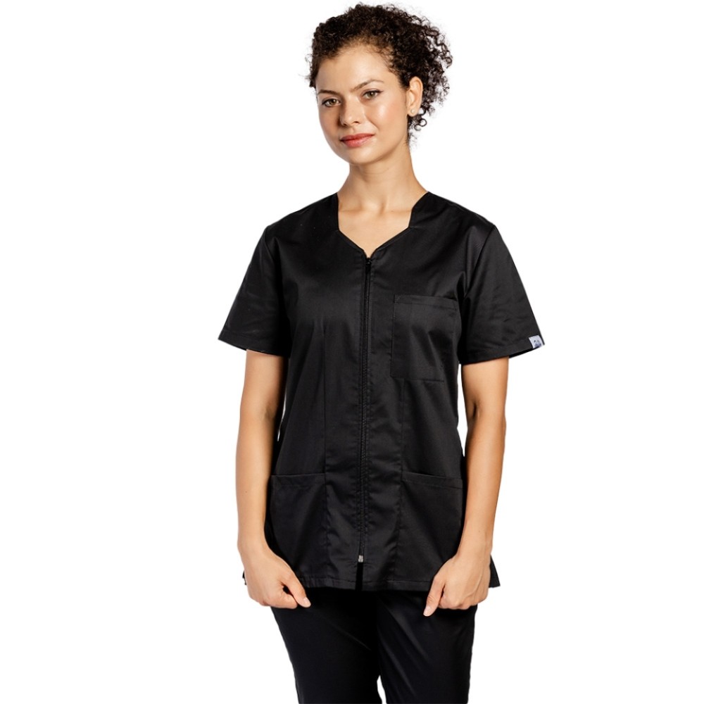 Halat de lucru pentru curatenie negru cu fermoar cambrata cu doua buzunare aplicate