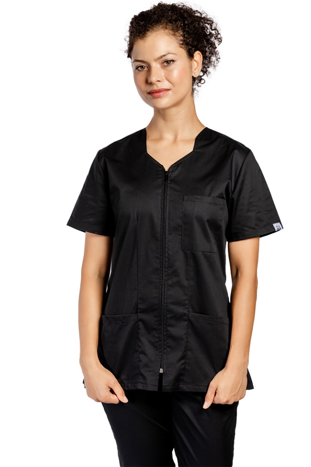 Halat de lucru pentru curatenie negru cu fermoar cambrata cu doua buzunare aplicate