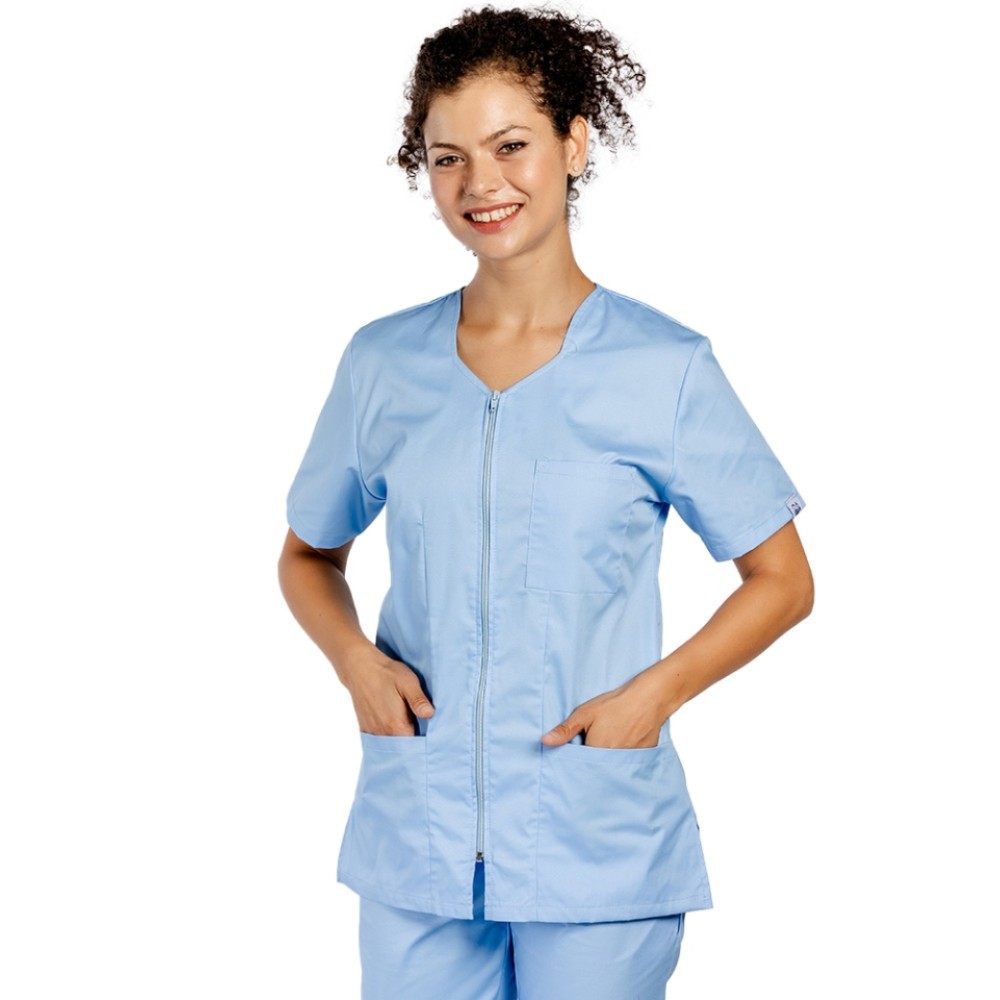 Halat de lucru pentru curatenie bleu  cambrat, cu fermoar si trei buzunare aplicate