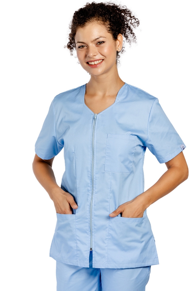 Uniforma de lucru bleu cu bluza cu fermoar cambrata, trei buzunare aplicate si pantaloni bleu cu elastic