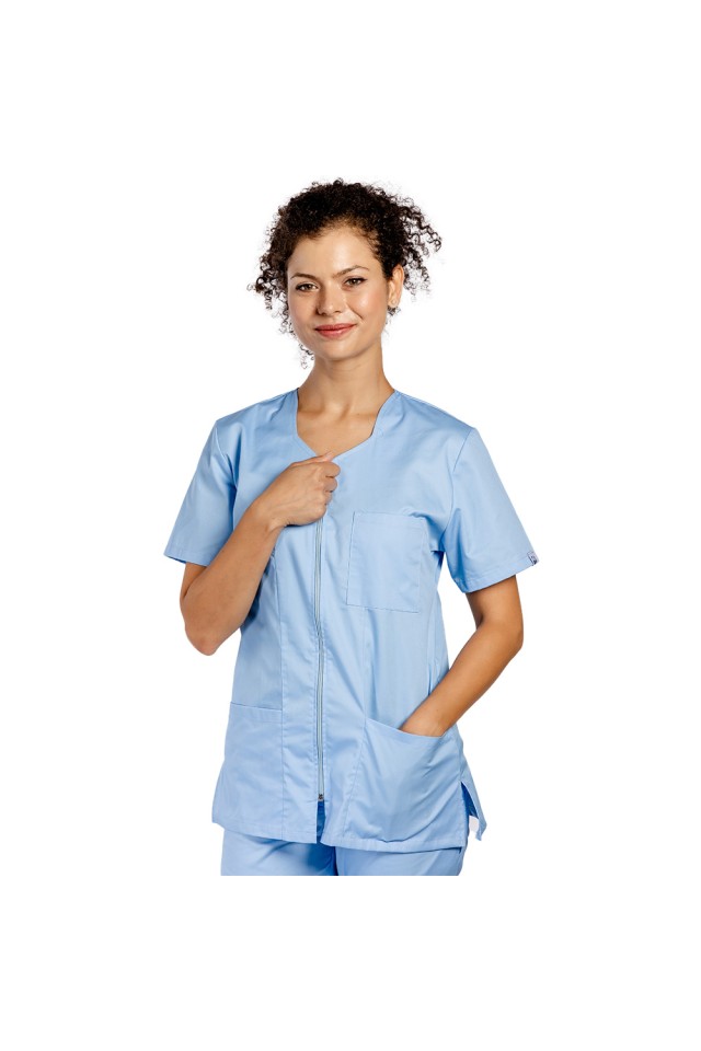 Uniforma de lucru bleu cu bluza cu fermoar cambrata, trei buzunare aplicate si pantaloni bleu cu elastic