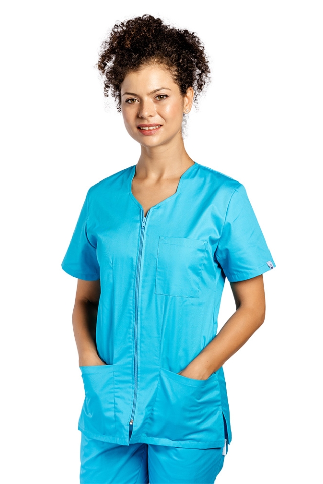 Halat de lucru pentru curatenie turcoaz cu fermoar cambrata cu doua buzunare aplicate..