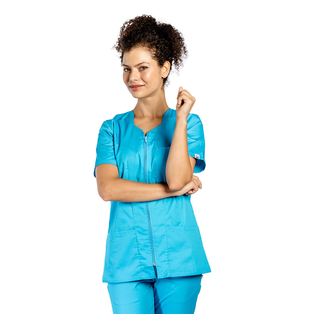 Halat de lucru pentru curatenie turcoaz cu fermoar cambrata cu doua buzunare aplicate