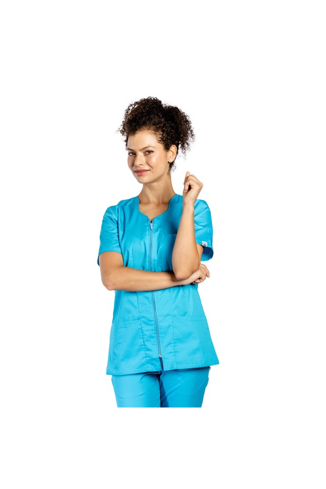 Uniforma de lucru turcoaz , bluza cu fermoar cambrata, trei buzunare si pantaloni cu elastic