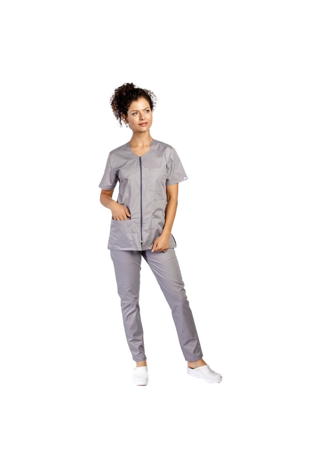 Halat de lucru pentru curatenie gri, cambrat, cu fermoar si trei buzunare aplicate