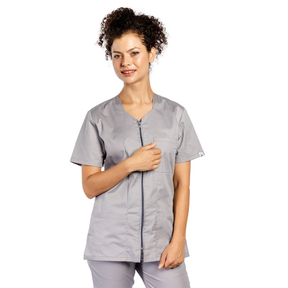 Halat de lucru pentru curatenie gri, cambrat, cu fermoar si trei buzunare aplicate