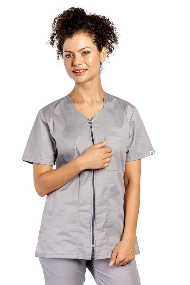 Halat de lucru pentru curatenie gri, cambrat, cu fermoar si trei buzunare aplicate