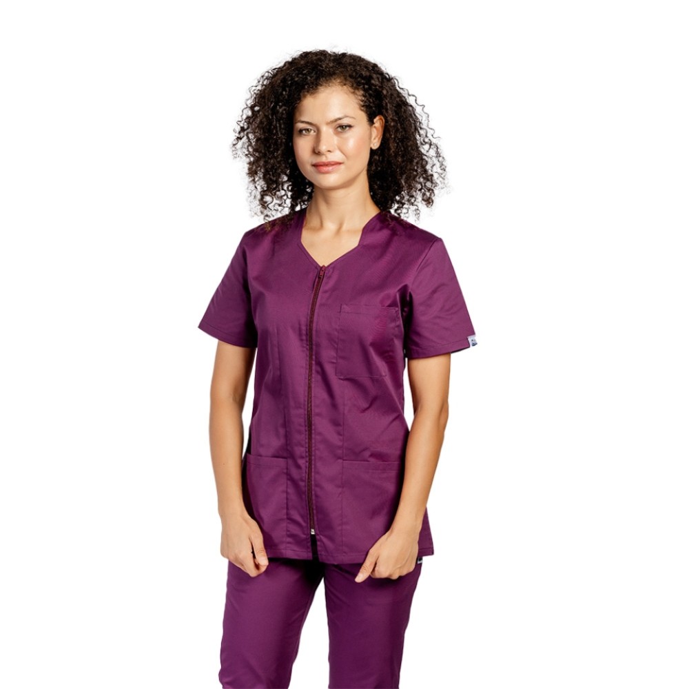 Halat de lucru pentru curatenie visina, cambrat, cu fermoar si trei buzunare aplicate