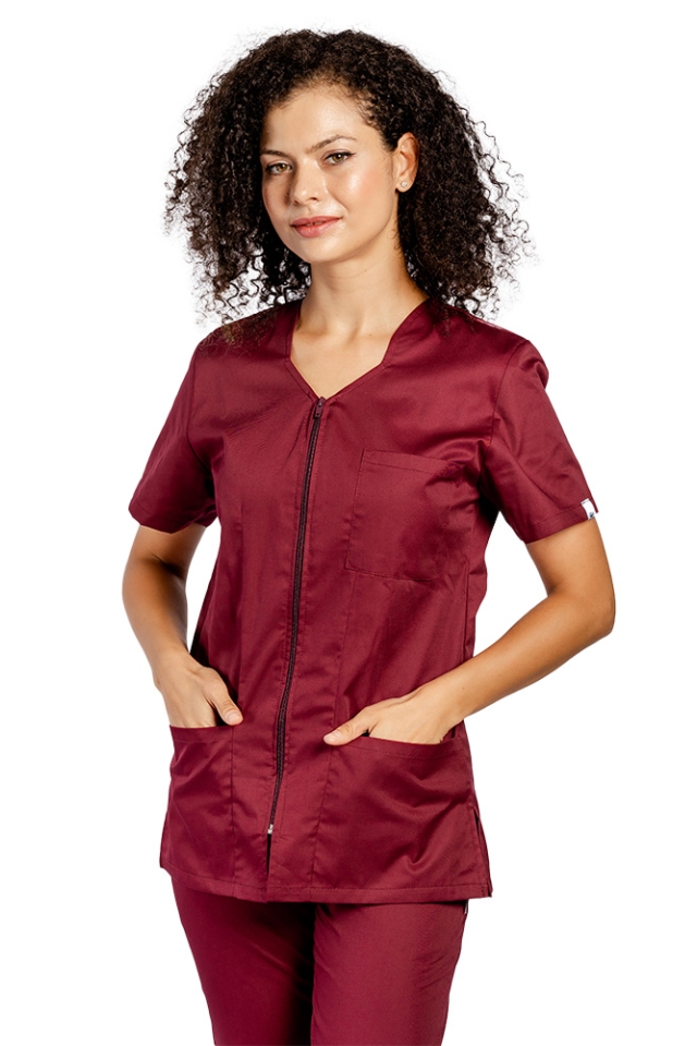 Halat de lucru pentru curatenie grena cu fermoar cambrata cu doua buzunare aplicate..