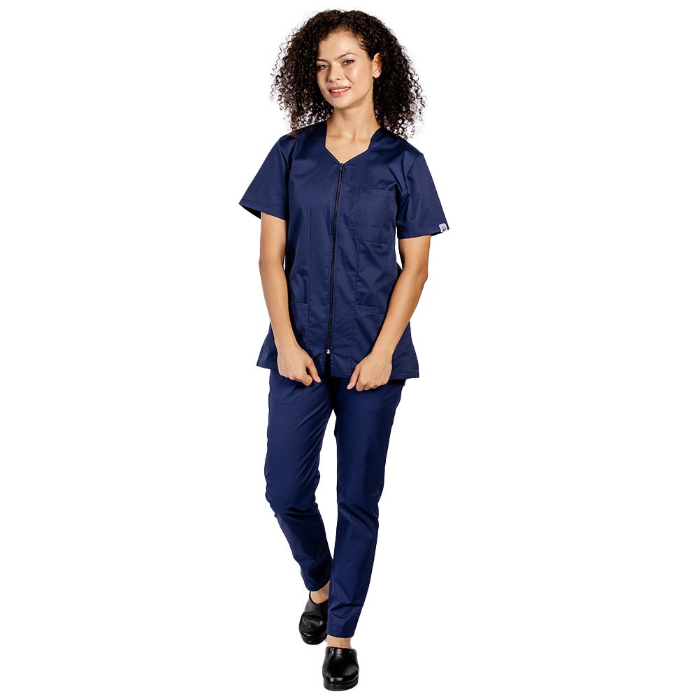 Halat de lucru pentru curatenie bleumarin cu fermoar si trei buzunare aplicate