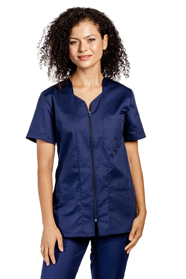 Halat de lucru pentru curatenie bleumarin cu fermoar si trei buzunare aplicate