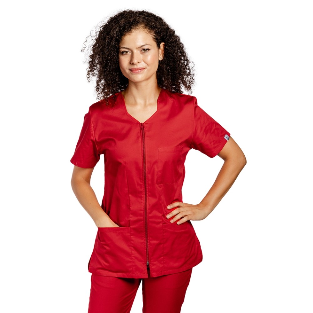 Uniforma de lucru rosu, bluza cu fermoar cambrata, trei buzunare si pantaloni cu elastic