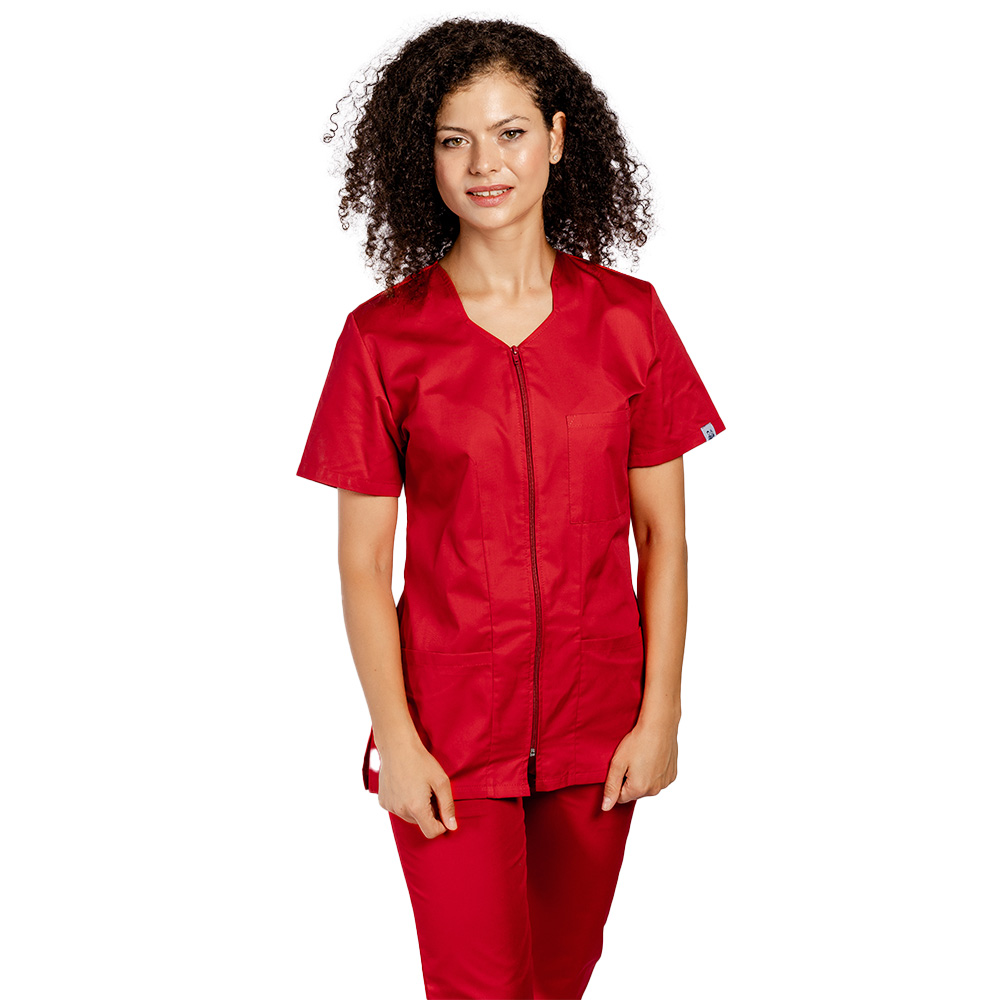 Halat de lucru pentru curatenie rosu cu fermoar cambrata cu doua buzunare aplicate