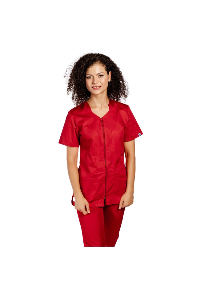 Uniforma de lucru rosu, bluza cu fermoar cambrata, trei buzunare si pantaloni cu elastic