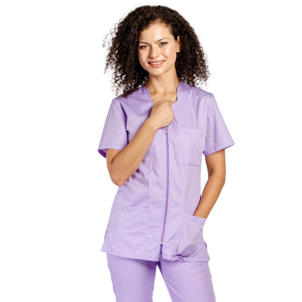 Halat de lucru pentru curatenie lila, cambrat, cu fermoar si trei buzunare aplicate