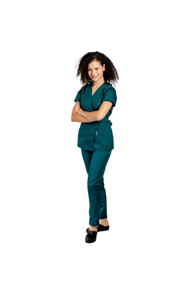 Costum receptionera verde tuborg, cu bluza tip kimono si pantaloni verzi cu elastic