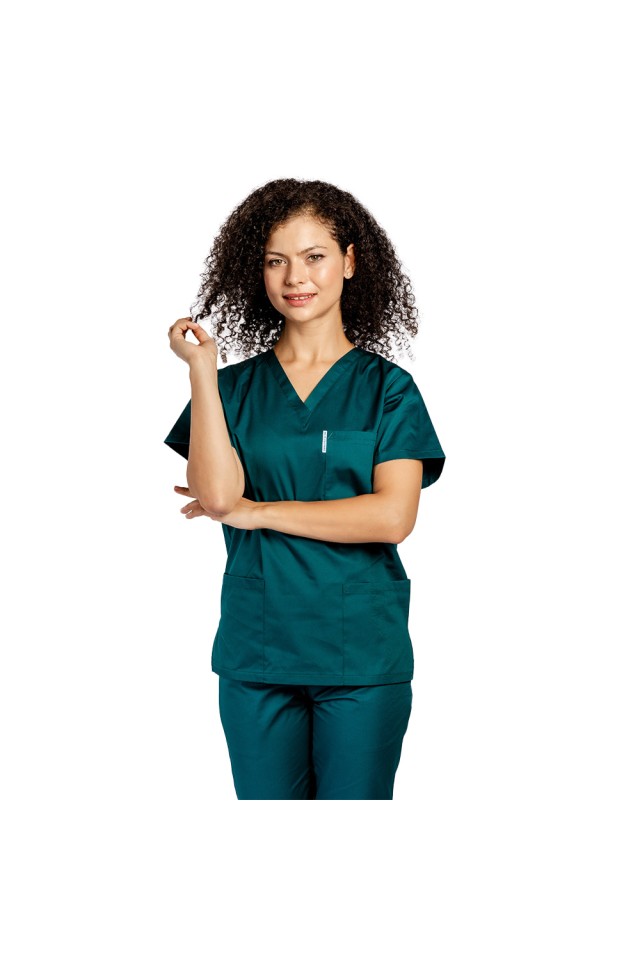 Halat de lucru tuborg dama cu anchior in forma V si trei buzunare aplicate