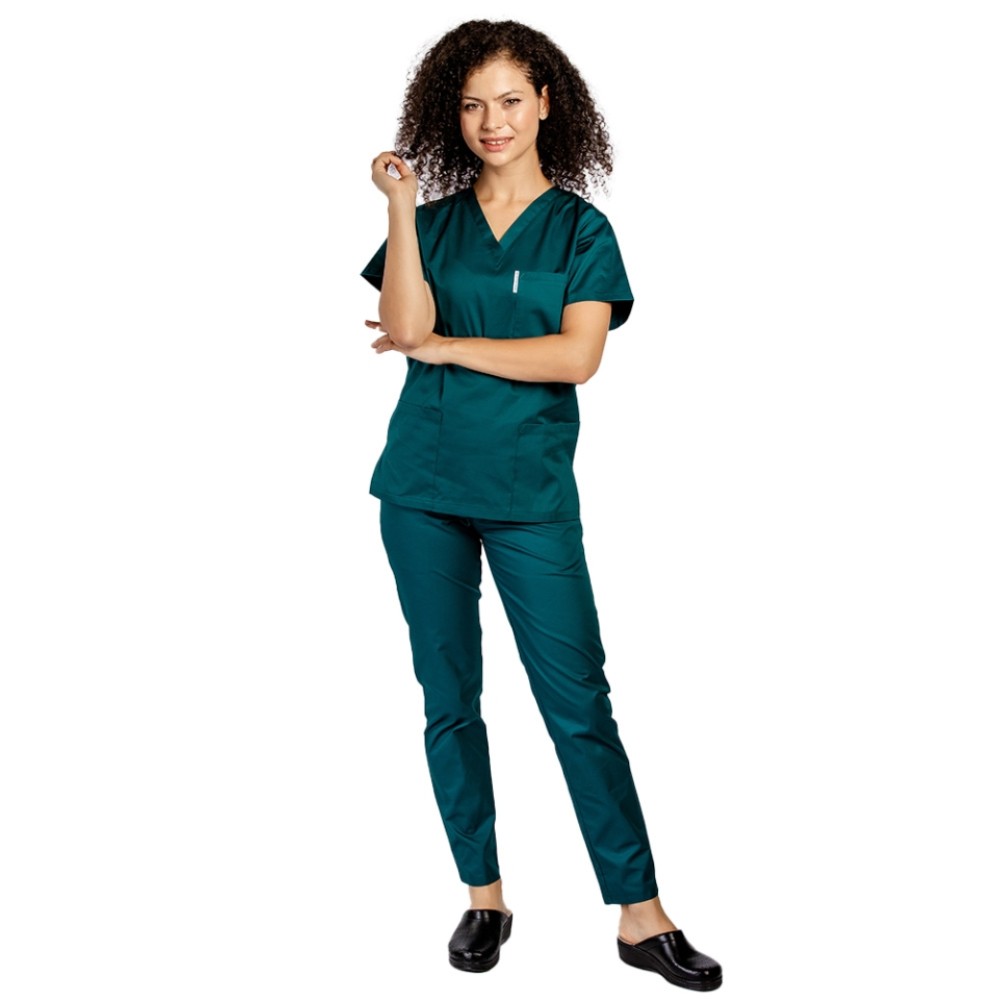 Uniforma de lucru dama tuborg cu bluza cu anchior in forma V si pantaloni tuborg cu elastic