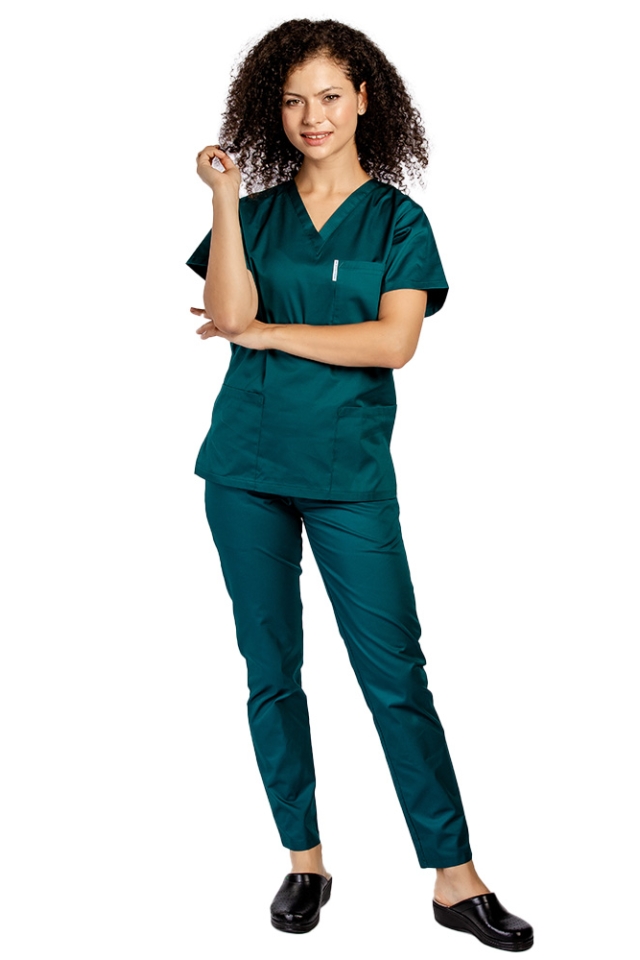 Uniforma de lucru dama tuborg cu bluza cu anchior in forma V si pantaloni tuborg cu elastic