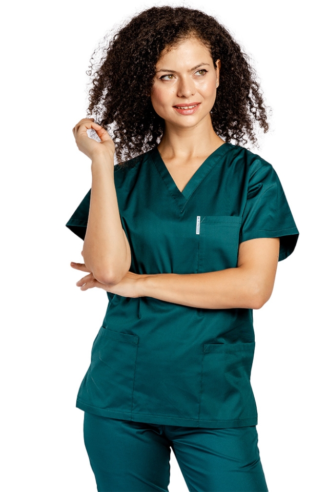 Halat de lucru tuborg dama cu anchior in forma V si trei buzunare aplicate
