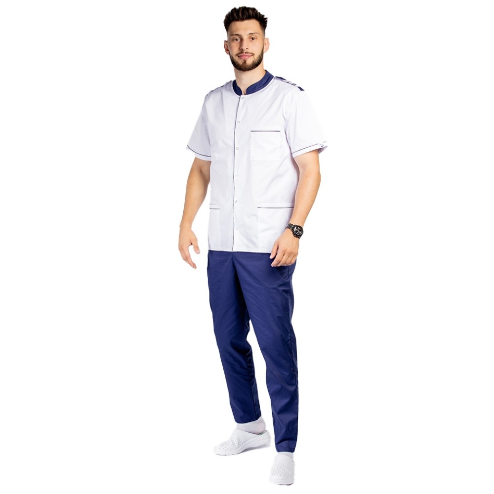 Uniforma bucatar tip tunica, cu bluza alb cu paspol bleumarin, epoleti si pantaloni bleumarin cu elastic