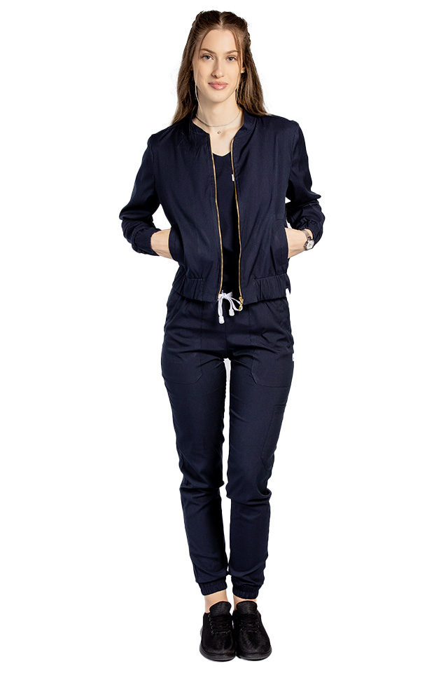 Jacheta profesionala bleumarin din material elastic cu doua buzunare aplicate si fermoar