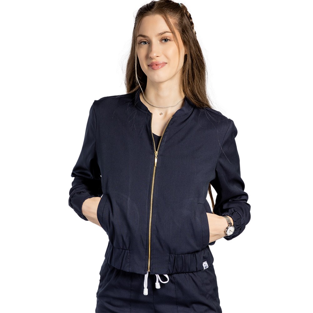 Jacheta profesionala bleumarin din material elastic cu doua buzunare aplicate si fermoar