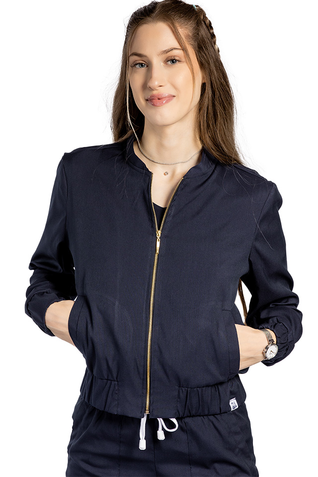 Jacheta profesionala bleumarin din material elastic cu doua buzunare aplicate si fermoar