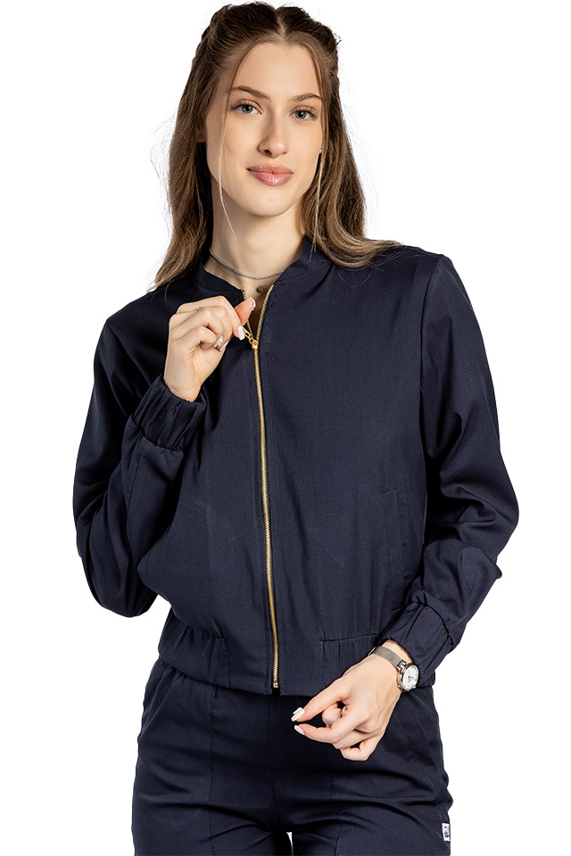 Jacheta profesionala bleumarin din material elastic cu doua buzunare aplicate si fermoar