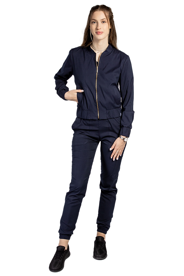 Jacheta profesionala bleumarin din material elastic cu doua buzunare aplicate si fermoar