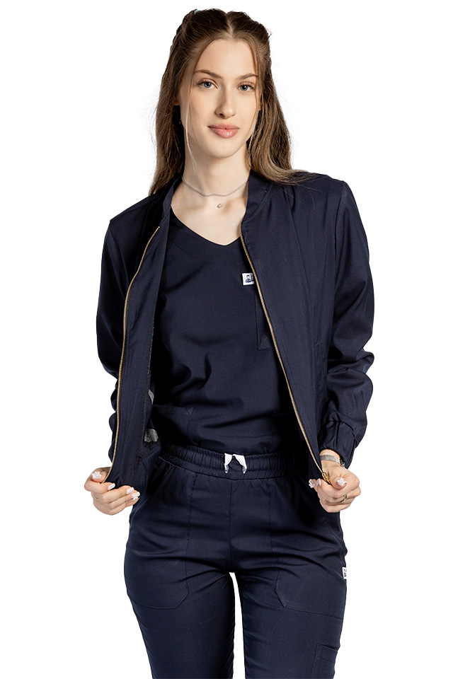 Jacheta profesionala bleumarin din material elastic cu doua buzunare aplicate si fermoar