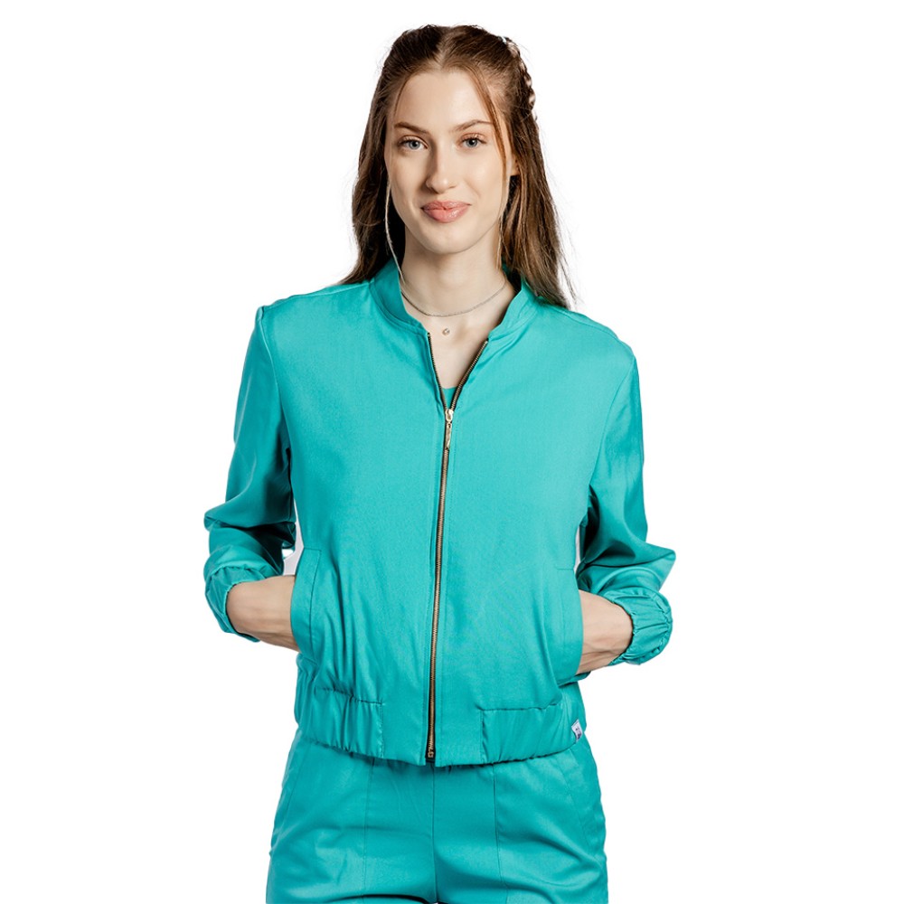 Jacheta profesionala verde din material elastic cu doua buzunare aplicate si fermoar