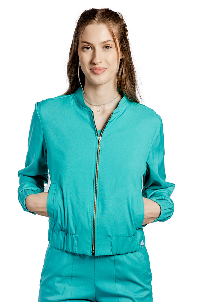 Jacheta profesionala verde din material elastic cu doua buzunare aplicate si fermoar