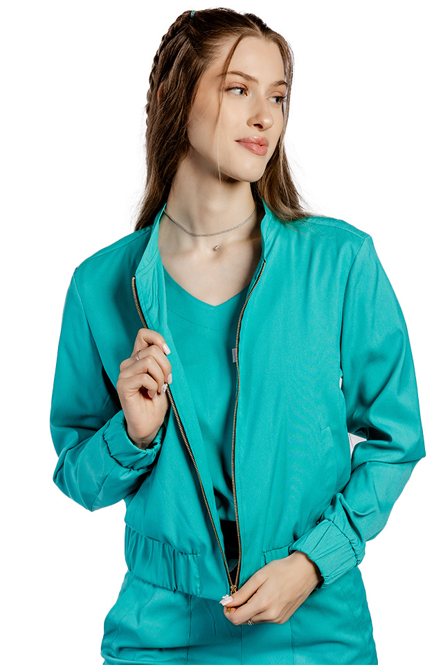 Jacheta profesionala verde din material elastic cu doua buzunare aplicate si fermoar