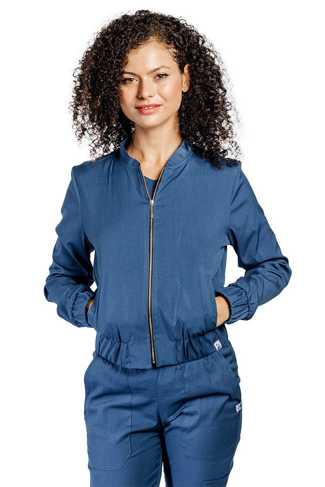 Jacheta profesionala jeans din material elastic cu doua buzunare aplicate si fermoar