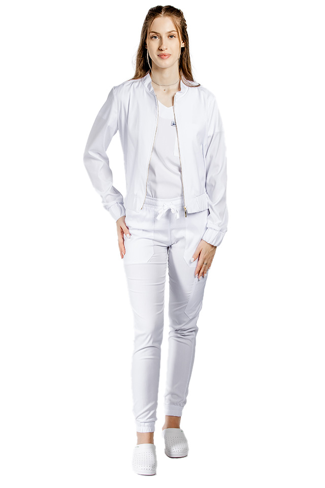 Jacheta profesionala alba din material elastic cu doua buzunare aplicate si fermoar