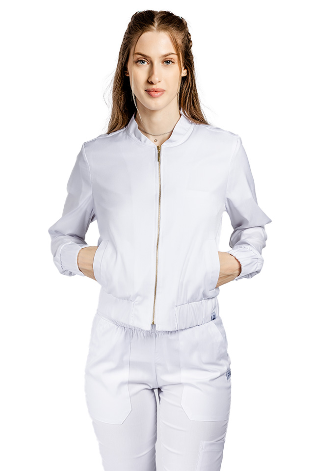 Jacheta profesionala alba din material elastic cu doua buzunare aplicate si fermoar