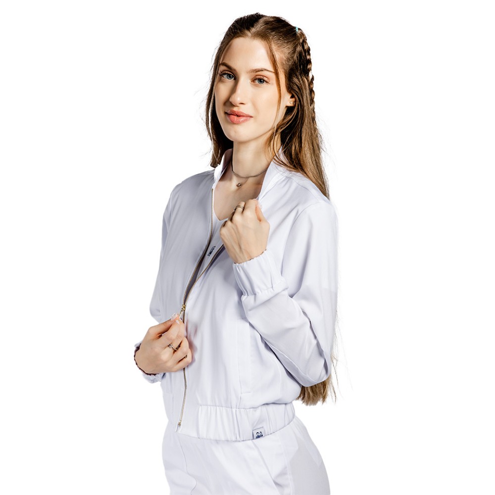 Jacheta profesionala alba din material elastic cu doua buzunare aplicate si fermoar