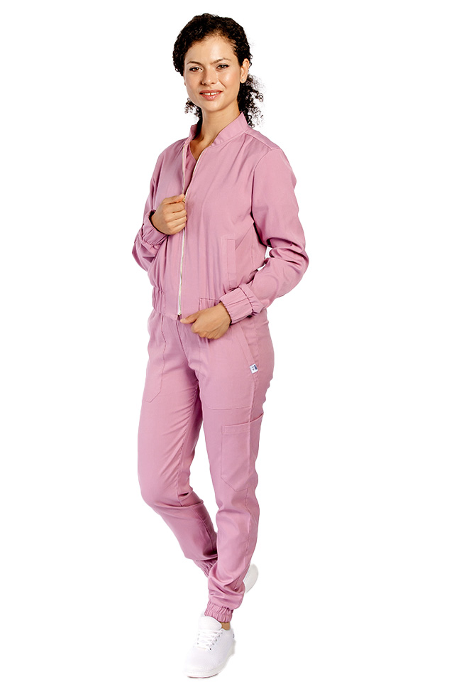 Jacheta profesionala roz pudrat din material elastic cu doua buzunare aplicate si fermoar