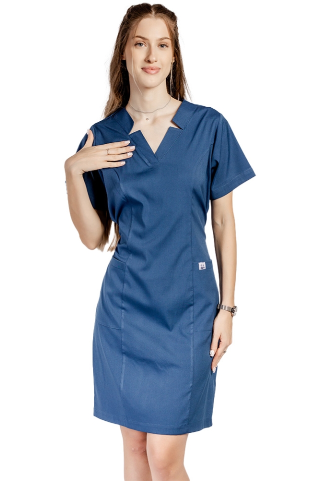 Rochie pentru SPA cu elastan jeans, cu prindere cu cordon la spate si  doua buzunare aplicate