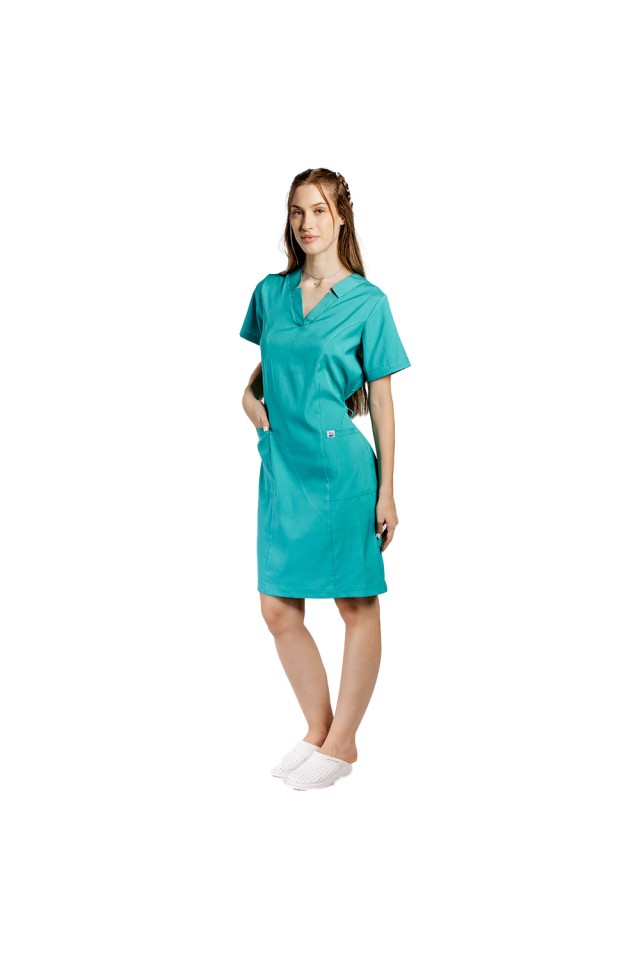 Rochie pentru SPA cu elastan verde, cu prindere cu cordon la spate si  doua buzunare aplicate