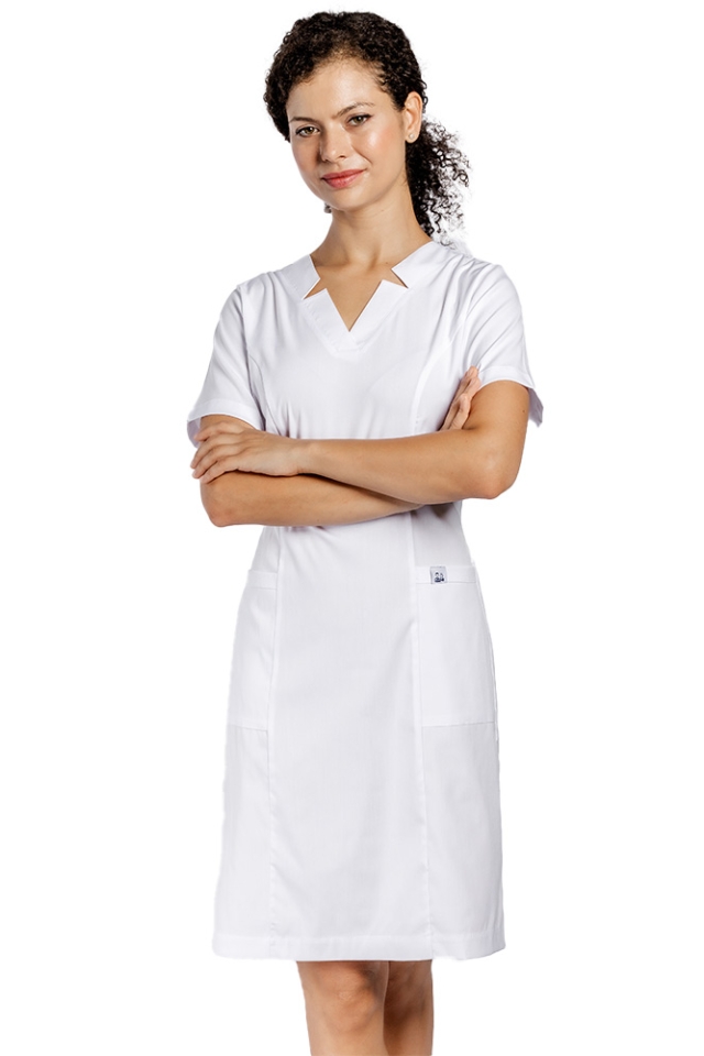 Rochie pentru SPA cu elastan alb, cu prindere cu cordon la spate si  doua buzunare aplicate..