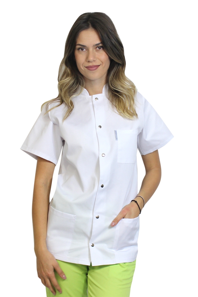 Tunica bucatar dama, alba, cu maneca scurta, inchidere cu capse simpla