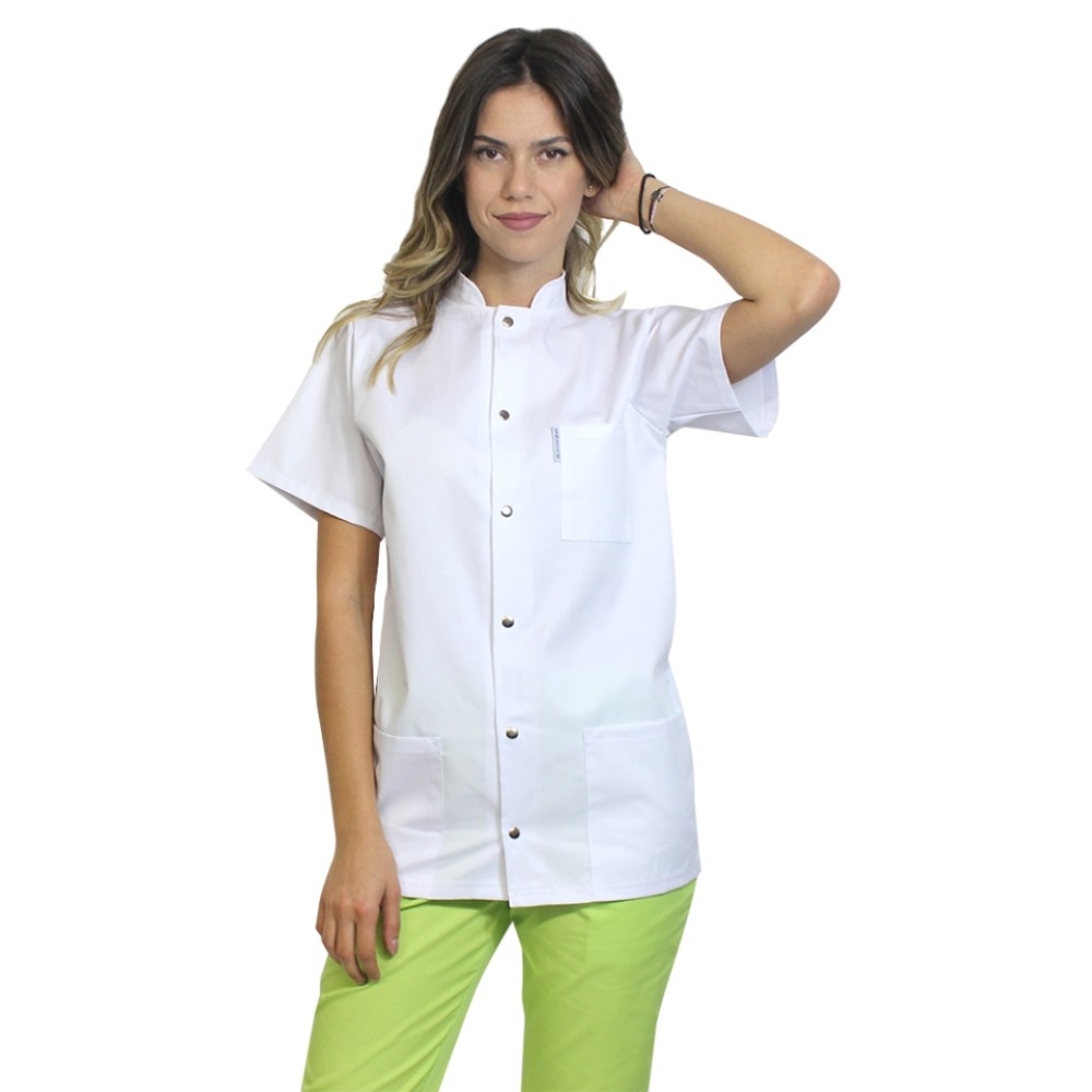 Halat de lucru pentru dama alb cu guler tip tunica si trei buzunare