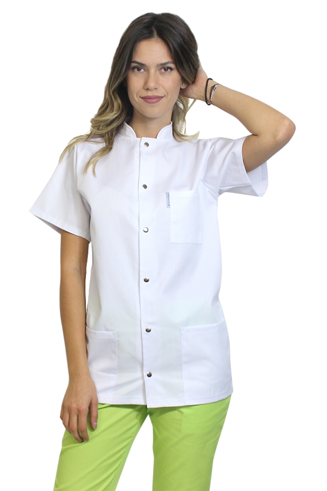 Halat de lucru pentru dama alb cu guler tip tunica si trei buzunare