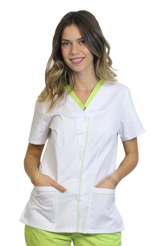Halat de lucru alb cu paspol lime, capse si trei buzunare aplicate
