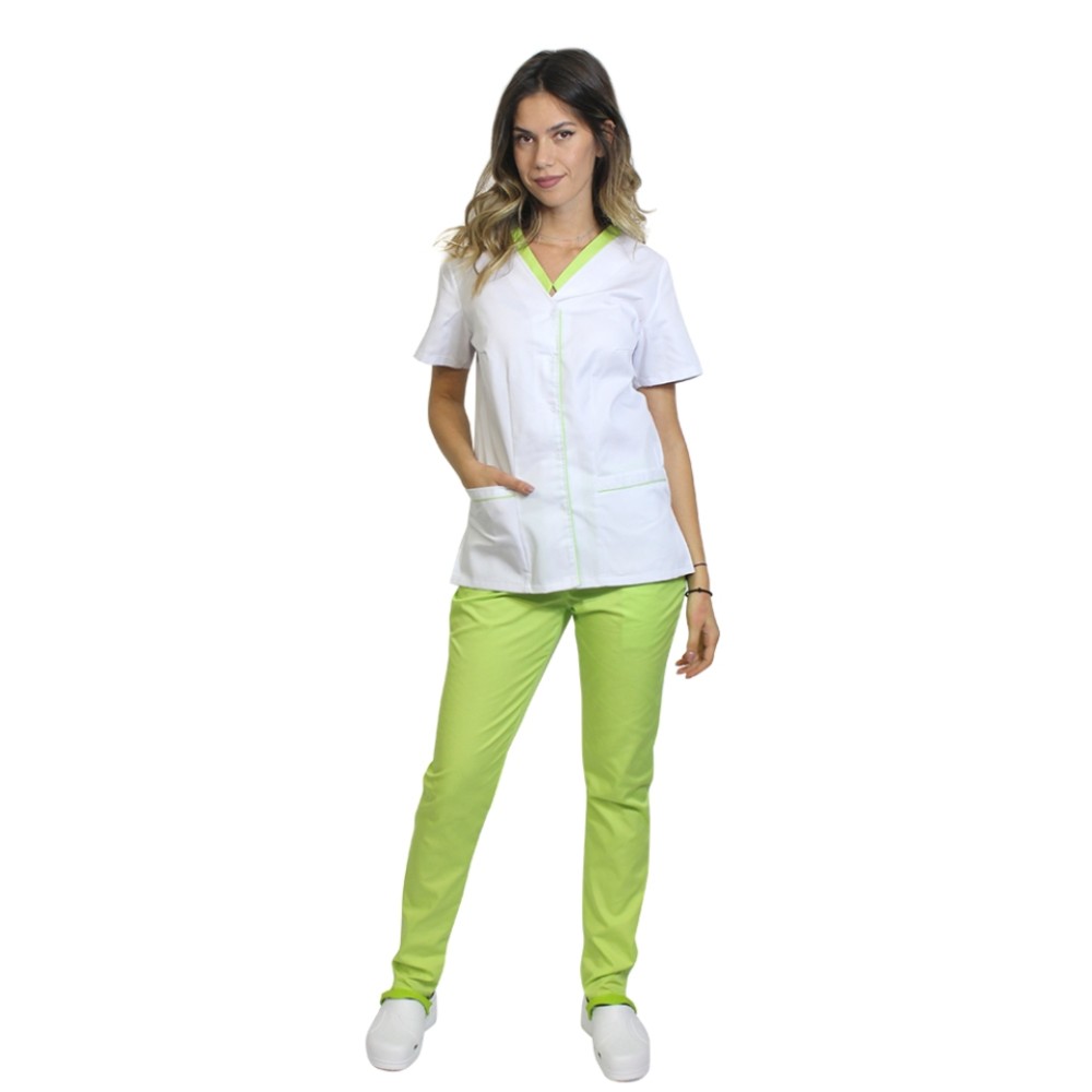 Uniforma de lucru format din bluza alb cu paspol lime si pantaloni lime cu elastic