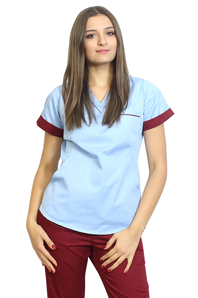 Uniforma de lucru format din bluza bleu cu paspol grena si pantaloni  bleu, model Amani