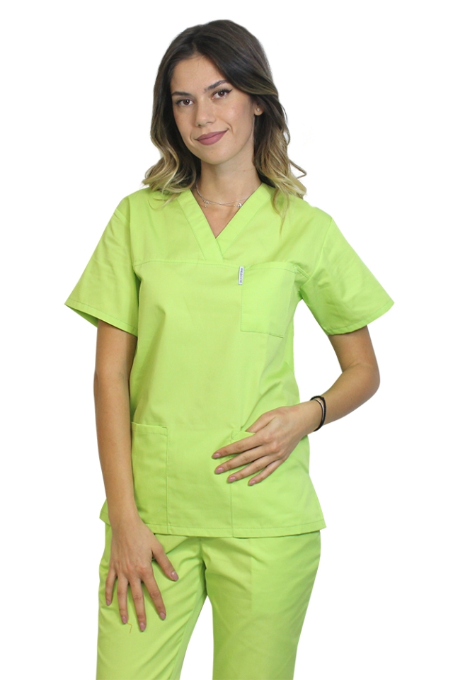 Halat de lucru lime dama cu anchior in forma V si trei buzunare aplicate