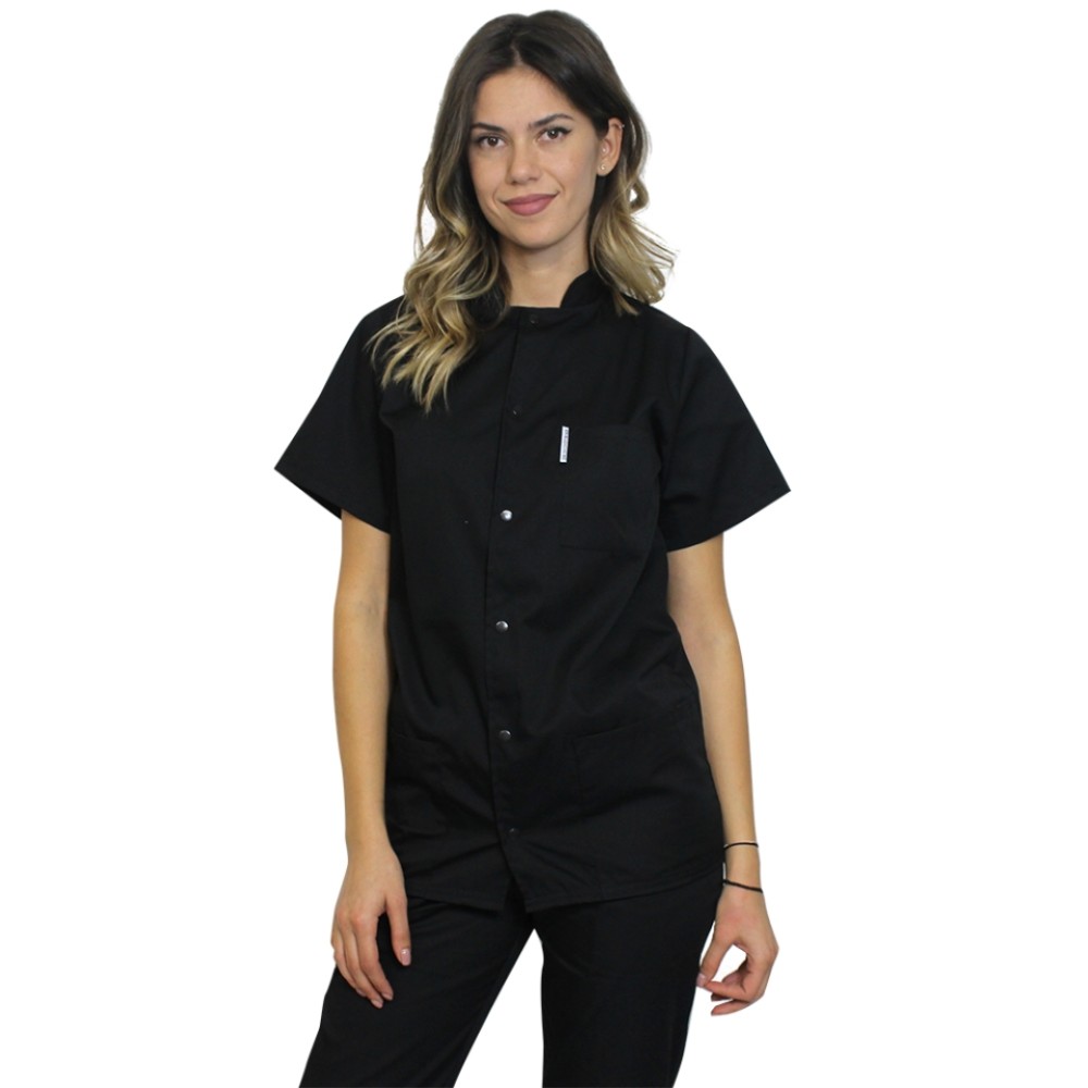 Tunica bucatar dama, negru, cu maneca scurta, inchidere cu capse simpla